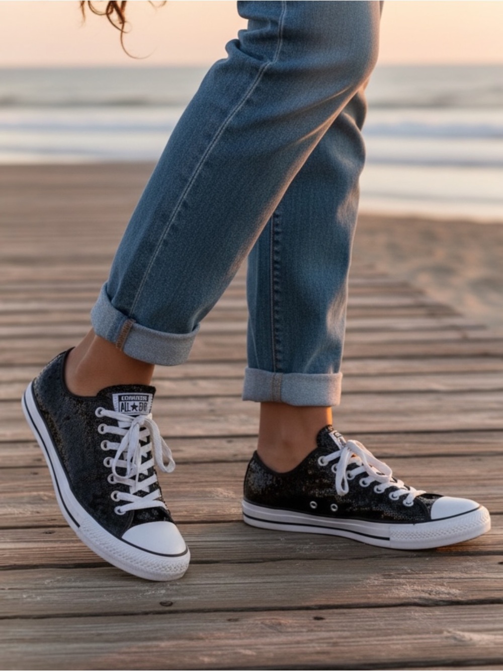 Converse Unisex Black Glitter Low Top Sneakers with White Accents